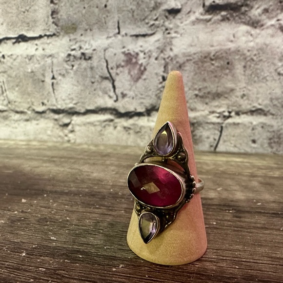 Vintage Sterling silver pink & purple gem stone ring size 7 from India - Picture 7 of 13